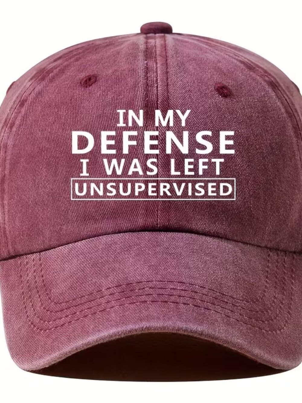 “IN MY DEFENSE I WAS LEFT UNSUPERVISED” Burgundy Acid Washed Baseball Hat NEW!